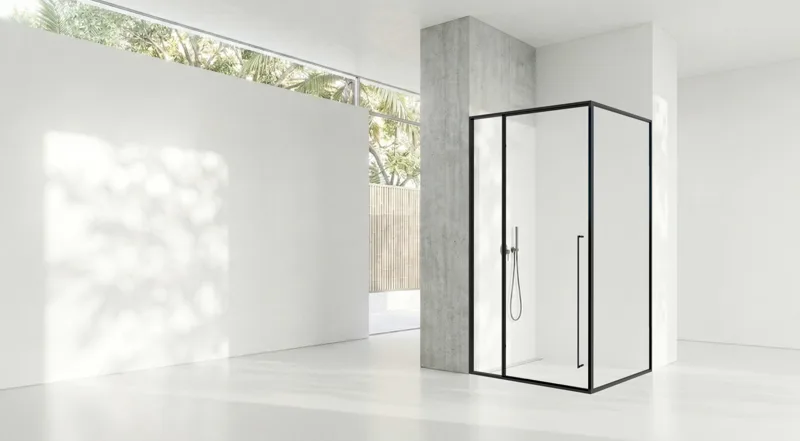 Cabin Mở Quay Góc 90 1 Cánh + 2 Vách Cố Định Ẩn Bản Lề – Dáng L
